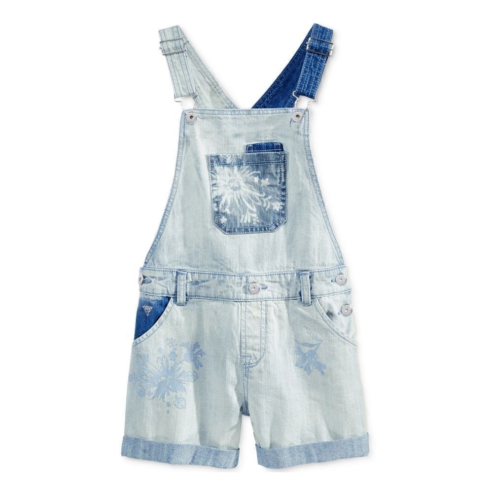 New! GUESS Girls' Denim Overall Shorts Jean Shortalls Floral Print Light Blue
